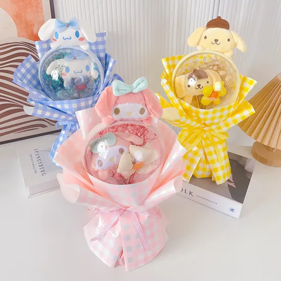 Ruunjoy Sanrio Cartoon Anime Flower Bouquet Cinnamoroll Kawaii Melody Kuromi Plush Toys Cute Stuffed Soft Doll Girl Valentine′s Day Birthday Gifts 