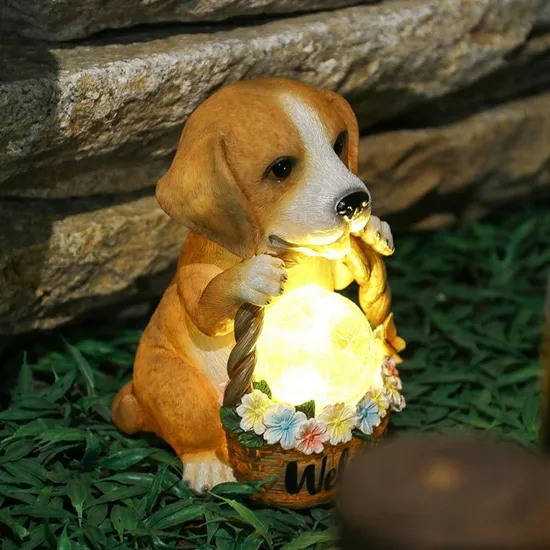 Outside Decor Welcome Puppy Dog Statue Decor Solar Waterproof Resin Puppy Sculptures Guest Greeter Housewarming Holiday Gifts Bl20506 